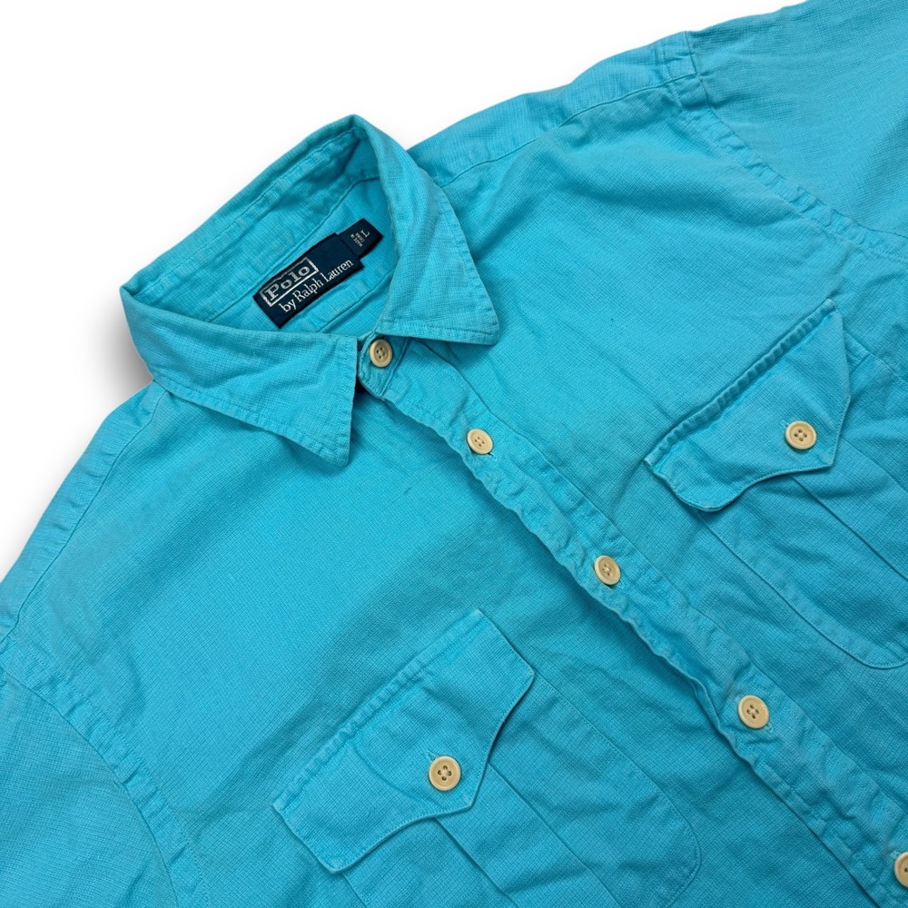 Vintage Polo Ralph Lauren‎ Linen Shirt Mens L Blue Short Sleeve Button Down